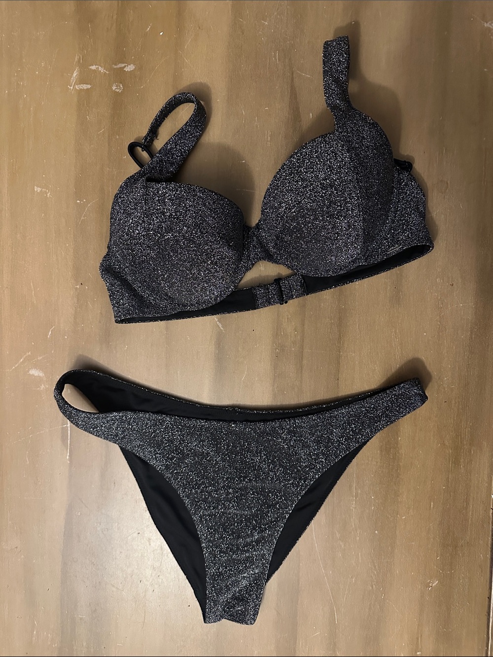 PINK Victoria's Secret Glitter Black push up Underwire Bikini Set